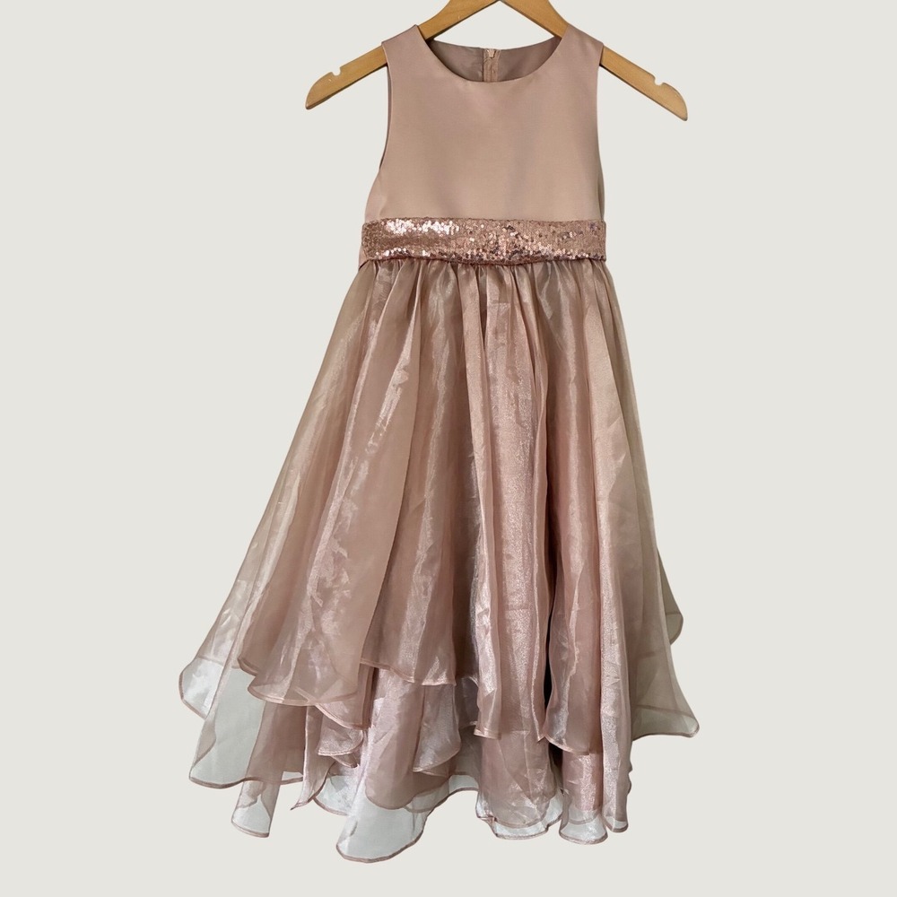 Girls Rose Gold Sequin Satin Organza Tiered Flower Girl Party Dress Size 8